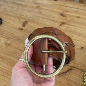 Sundance ! Wide Brown Leather Belt with Round Brass Buckle